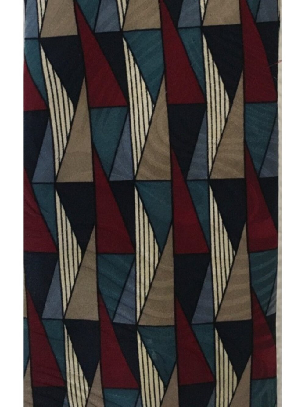 J T Beckett Neck Tie Red Blue Tan Triangles Stripes Silk 3.75 in Wide 60 in Long